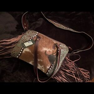 Myra Bag Brown and Green Cowhide Fringe  Bag
